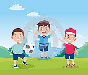Cartoon happy boys playing with a soccer ball