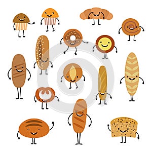 Cartoon happy breads faces character set, kawaii croissant and pastry, cute chocolate muffin and baguette expression