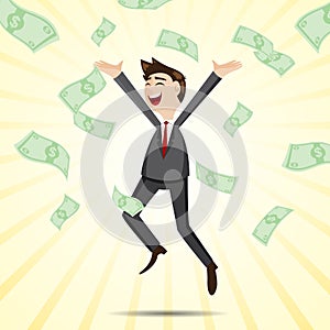 Cartoon happy businessman jumping with money