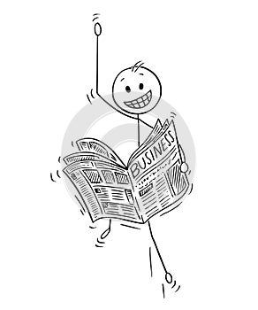 Cartoon of Happy Businessman Reading Good Business News in Newspaper