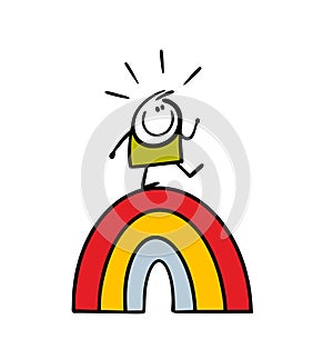 Cartoon happy child walks on a rainbow in the sky. Vector illustration of carefree stickman boy and symbol of joy and