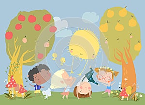 Cartoon Happy Children enjoying Summer in the Park