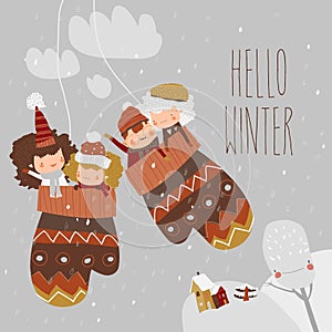 Cartoon happy children sitting in mittens. Hello winter