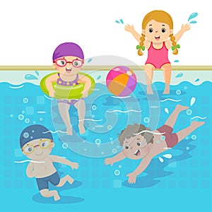 Cartoon of happy children swimming in the pool