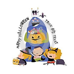 Cartoon happy children trick or treating in Halloween costume