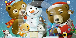 cartoon happy christmas scene with frame with animals and snowman