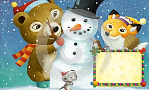 cartoon happy christmas scene with frame with animals and snowman