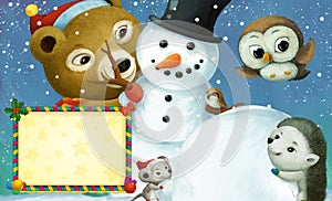 cartoon happy christmas scene with frame with animals and snowman