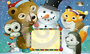 cartoon happy christmas scene with frame with animals and snowman