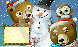 cartoon happy christmas scene with frame with animals and snowman