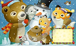 cartoon happy christmas scene with frame with animals and snowman