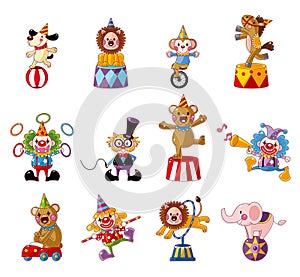 Cartoon happy circus show icons collection