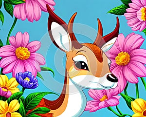Cartoon happy comic bambi baby deer antlers male flower blossom