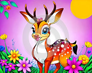 Cartoon happy comic bambi baby deer antlers smiling flowers garden color