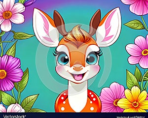 Cartoon happy comic bambi baby deer blue eyes flower garden