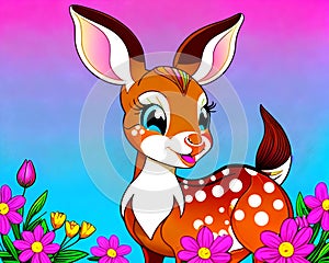 Cartoon happy comic bambi baby deer spotted flower blossom