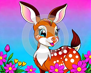 Cartoon happy comic bambi baby deer spotted flower blossom photo