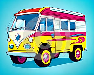 Cartoon happy comic camper travel van child toy motorhome traveler lifestyle