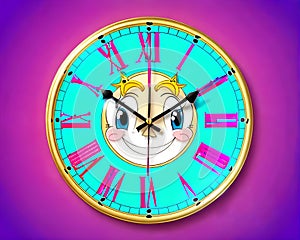 Cartoon happy comic clock smiling face roman numeral tell time