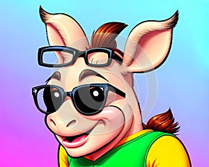 Cartoon happy comic donkey burro pig tough guy sunglasses smile