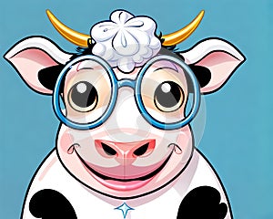 Cartoon happy comic farm milk dairy cow smiling portrait wearing glasses
