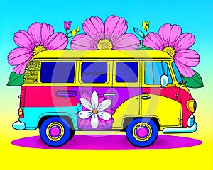 Cartoon happy comic flower peace love hippie travel van