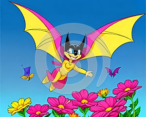 Cartoon happy comic flying bat comedy flower arrangement