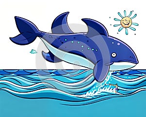 Cartoon happy comic friendly ocean whale dolphin jumping waves comedy