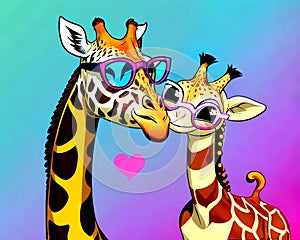 Cartoon happy comic giraffe family love kiss sunglasses comedy