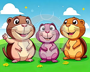 Cartoon happy comic gopher colony town groundhog marmot family