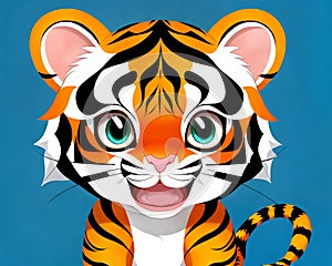 Cartoon happy comic lion baby tiger cat cute artist drawing big blue eyes