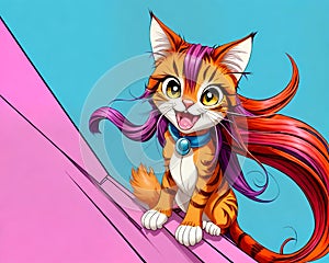 Cartoon happy comic long hair orange cat kitty open mouth smile