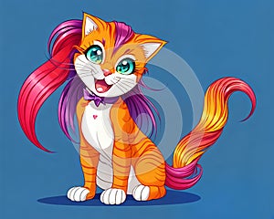 Cartoon happy comic long hair orange cat kitty teenager girl comedy