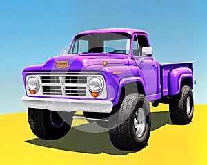 Cartoon happy comic old classic vintage car pickup 4x4 purple color