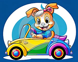 Cartoon happy comic puppy dog convertible bumper car driver