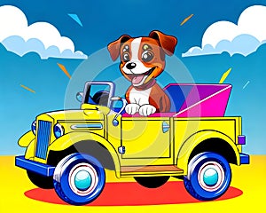 Cartoon happy comic puppy dog old jalopy pickup transportation drive
