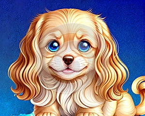 Cartoon happy comic puppy dog pet golden spaniel big blue eyes groomed