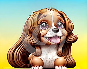 Cartoon happy comic puppy dog pet long brown hair setter spaniel groomed
