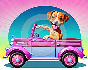 Cartoon happy comic puppy dog purple vintage pickup car driver