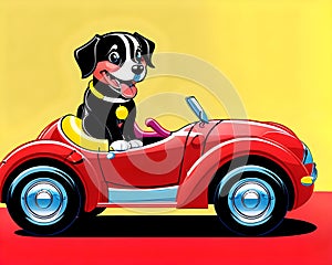 Cartoon happy comic puppy dog red racing convertible car