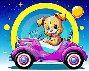 Cartoon happy comic puppy dog sports toy car moonlight drive