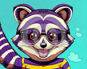 Cartoon happy comic raccoon red eyes glasses purple color
