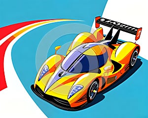 Cartoon happy comic race stripe yellow car modern space age racing