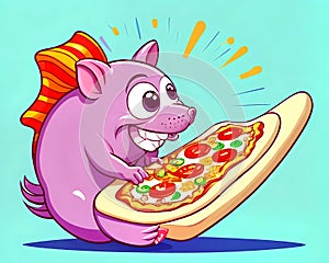 Cartoon happy comic rat mouse rodent eating stolen pizza food