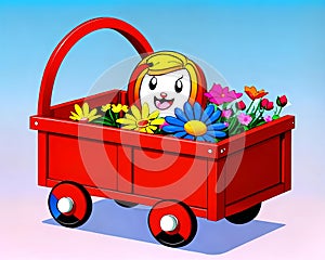 Cartoon happy comic red flower floral blossom garden wagon