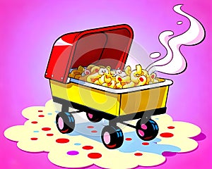 Cartoon happy comic red wagon baby buggy macaroni cheese food