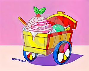 Cartoon happy comic red wagon cart sundae melting ice cream food