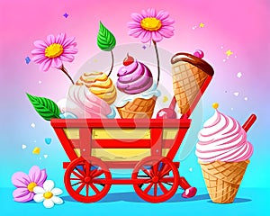 Cartoon happy comic red wagon sundae ice cream cone food colors