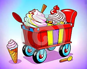 Cartoon happy comic red wagon sundae ice cream spoon food dessert