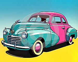 Cartoon happy comic retro car classic auto 1940 road sedan